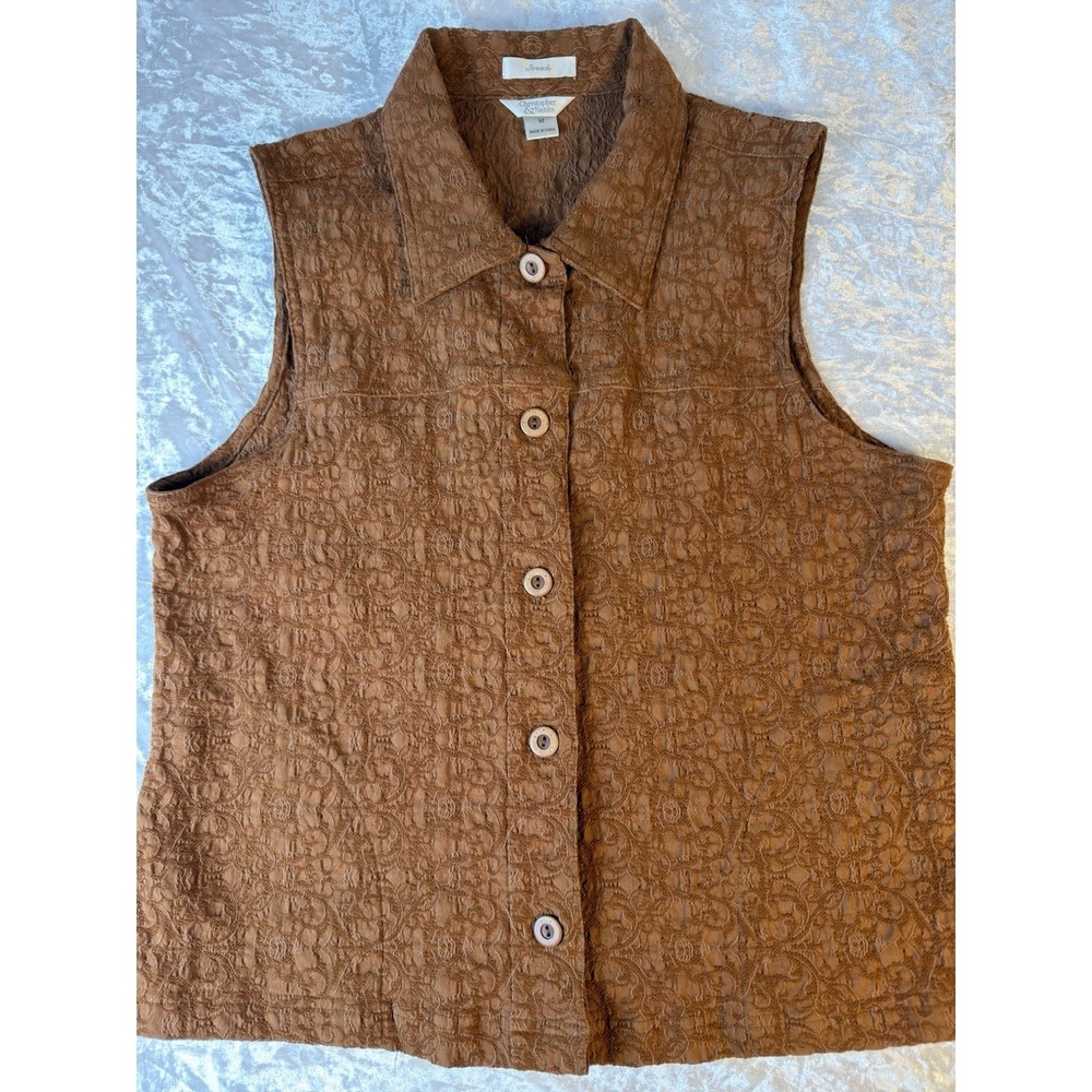 Christopher & Banks Textured Stretch Vest Women's M Brown Button Front Pockets